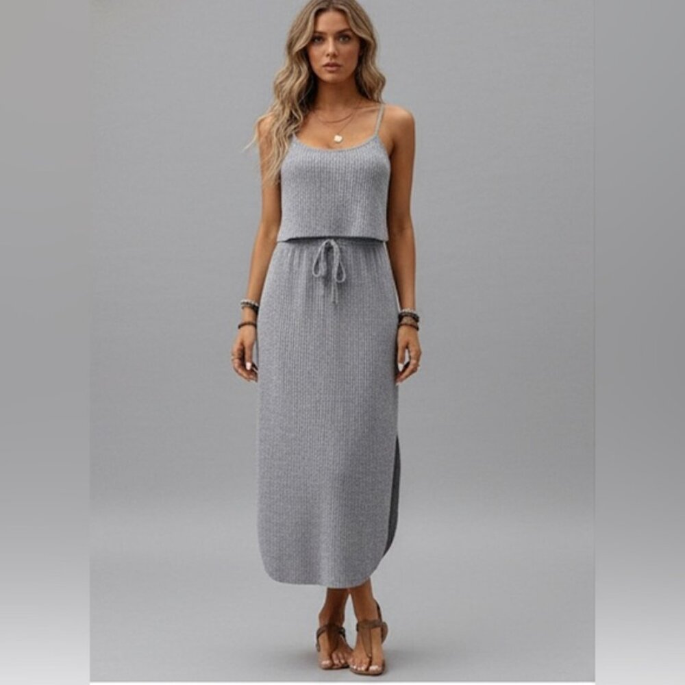 Ribbed Sleeveless Split Hem Drawstring Dress Silver Gray